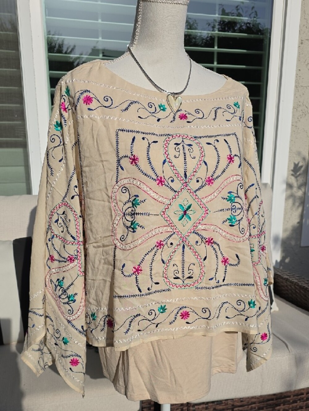 Chico's Cream Embroidered Floral Boho Blouse with Pink & Teal Accents - Picture 4 of 10